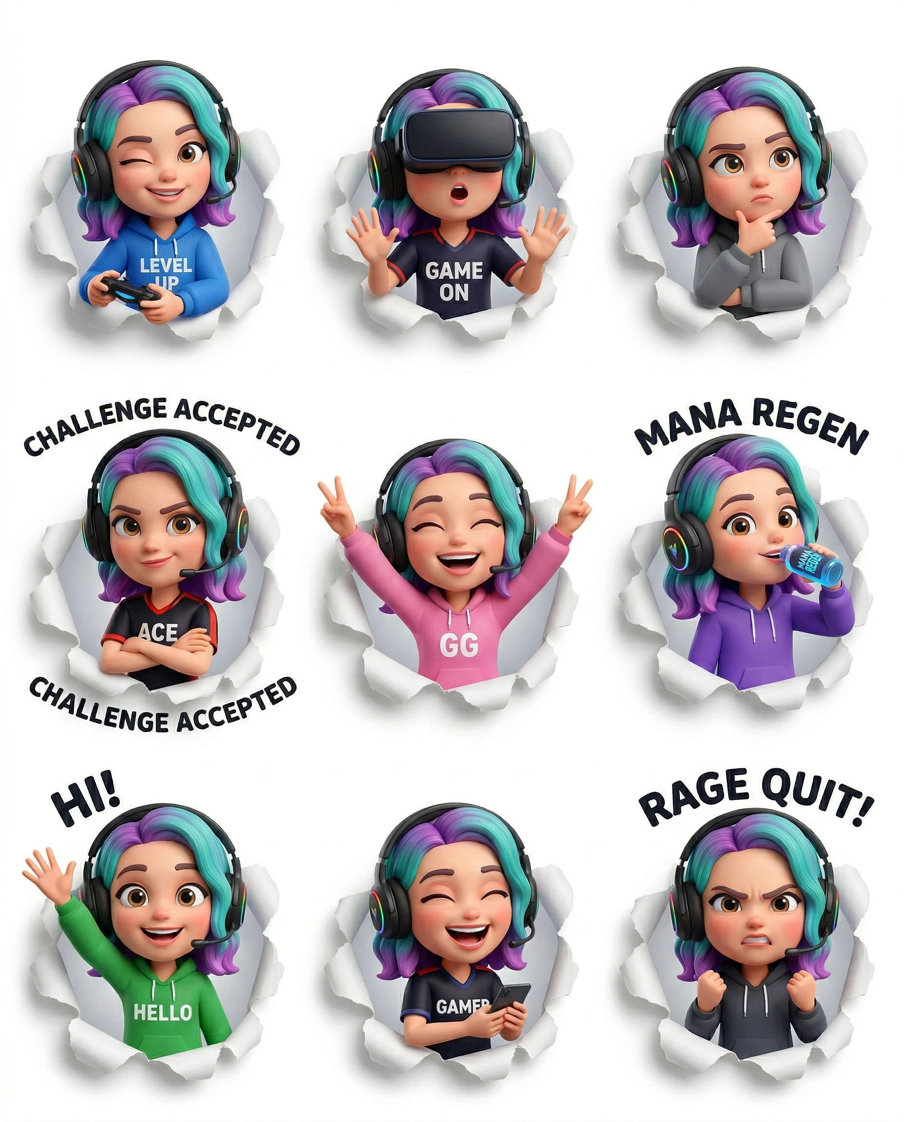 Gamer Girl Expression Sheet